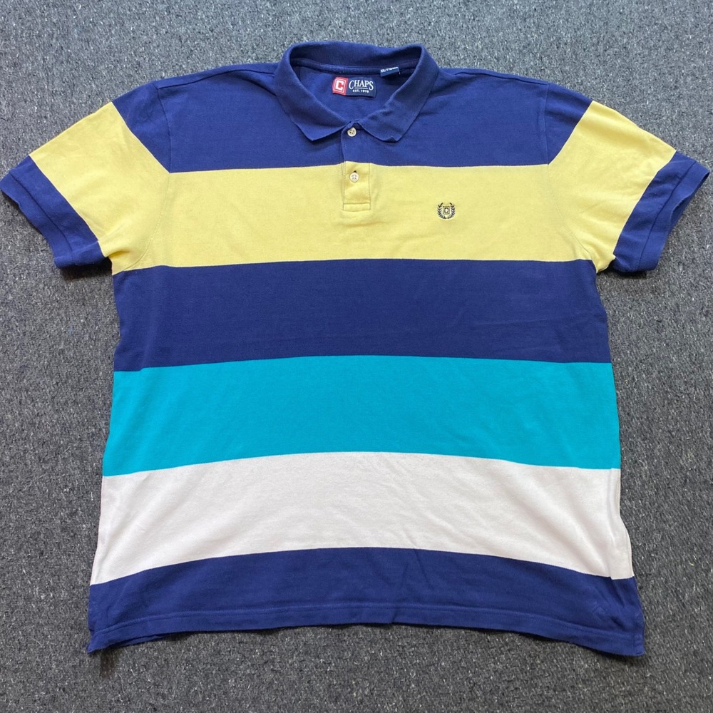 Chaps Striped Polo Sz XXL Mens Blue Yellow Colorblock Retro Preppy Pique TShirt